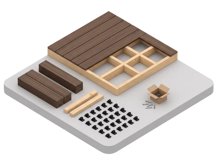 Kit de deck: réguas escuras montadas sobre a estrutura de barrotes, pilhas de régua, clipes e parafusos