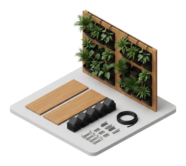 Kit de jardim vertical: painel modular plantado em pé, réguas, cachepôs e a mangueira de irrigação