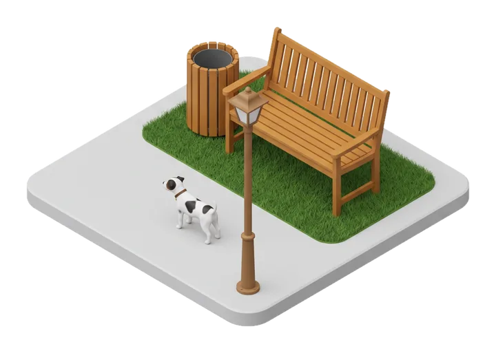 Mobiliário urbano em madeira plástica: banco, lixeira e poste de jardim sobre a grama