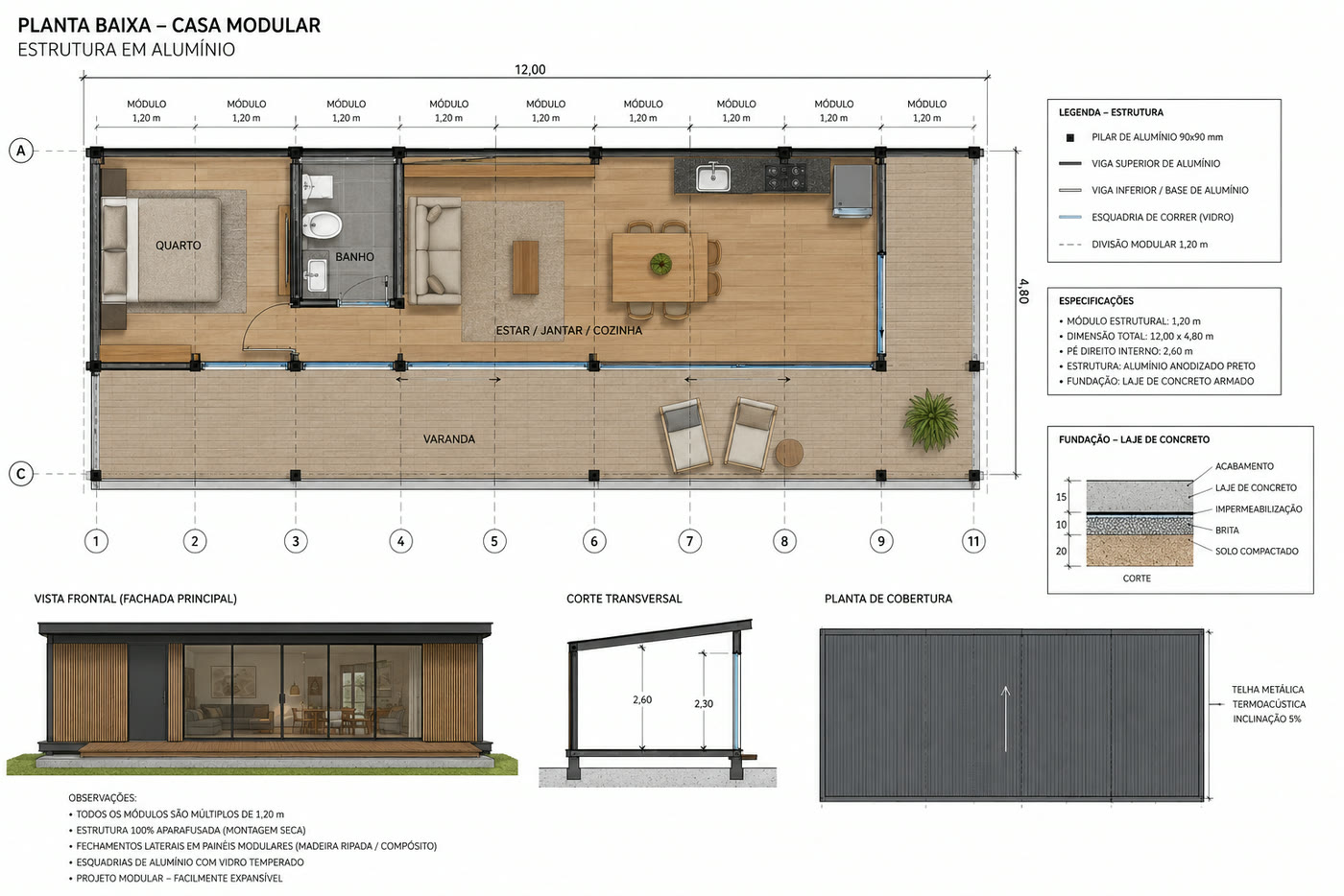 Planta baixa da casa modular: 12,00 por 4,80 metros