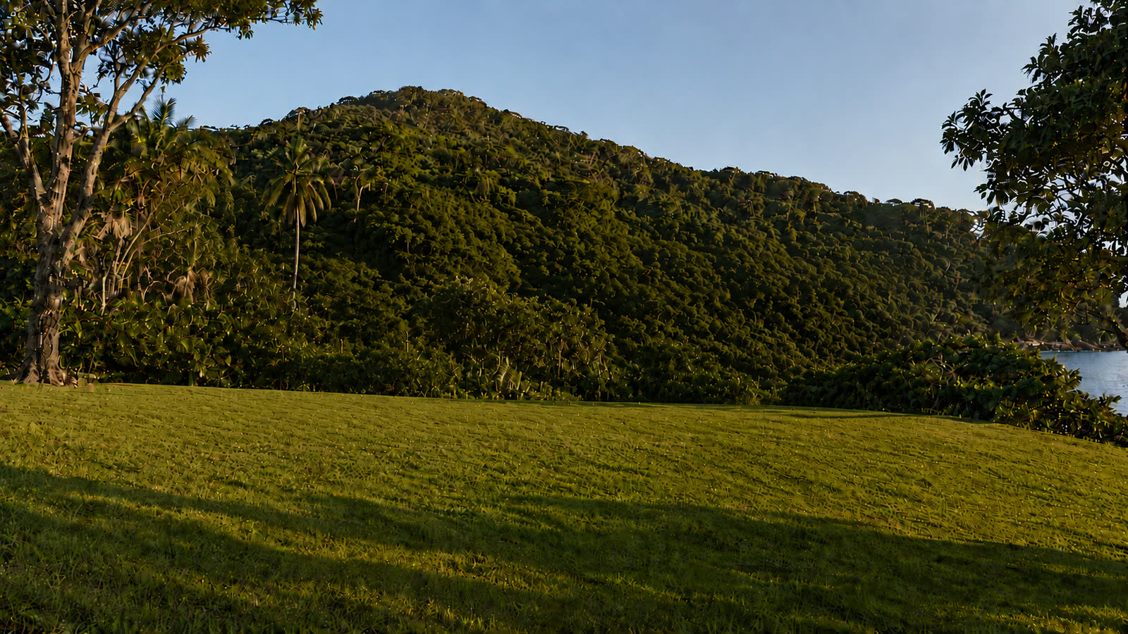 Terreno em declive suave, gramado, com o morro ao fundo