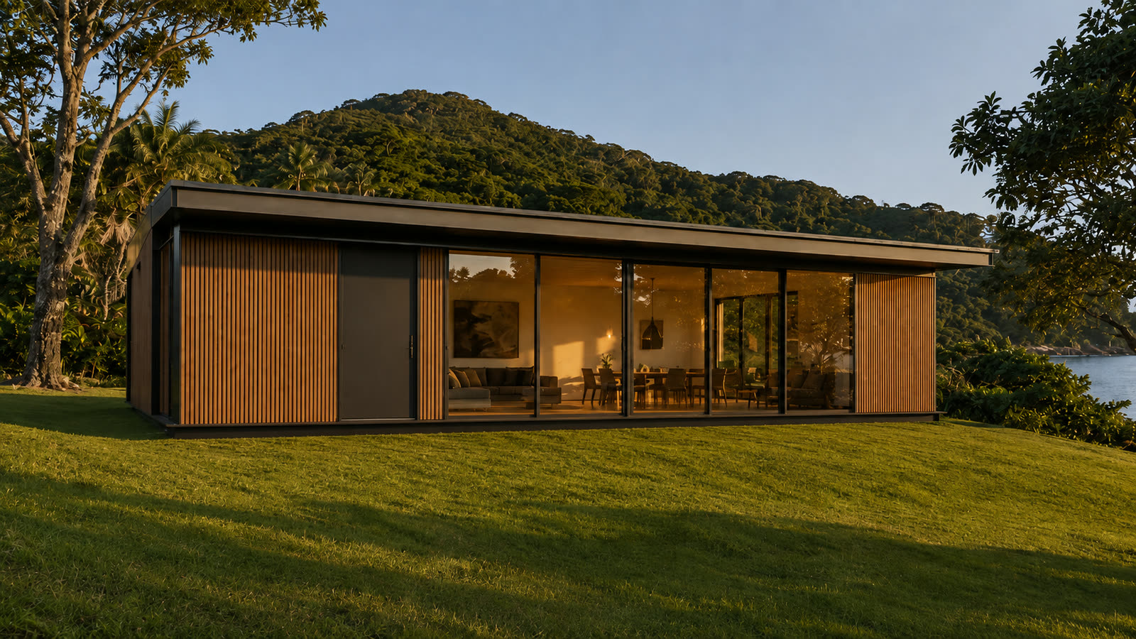 Fachada revestida em ripado amadeirado, interior aceso