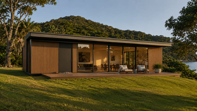 Deck em madeira plástica com poltronas, na luz do fim da tarde